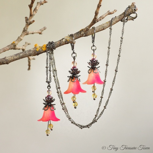 Feenblumen Set Ohrringe und Halskette Farben Gunmetal Hellgelb Neonpink-31