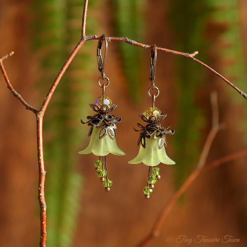 Feenblumen Ohrringe Farben Kupfer Grüntöne Gelb-31