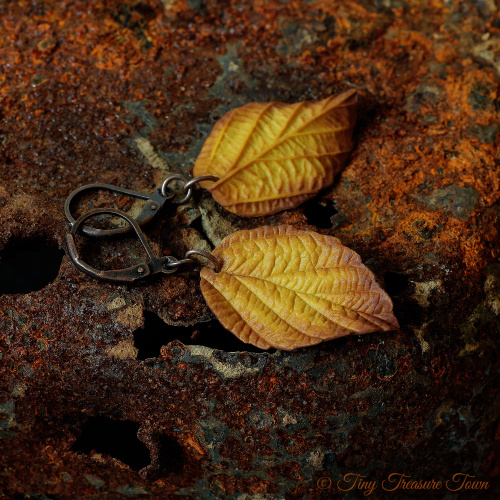 Handgemachte "Waldgeheimnis" Blatt Ohrringe Senfgelb mit brauner Schattierung-31