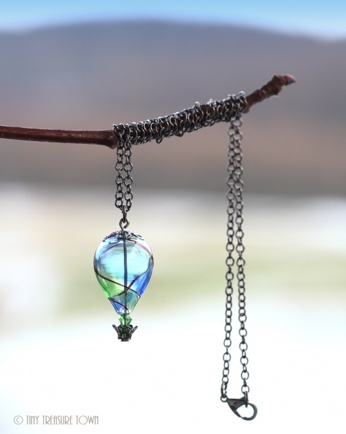 Heißluftballon Halskette Gunmetal Blau Grün Schwarz Transparent-31
