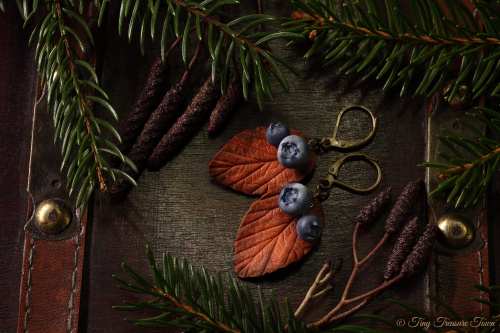 Handgemachte "Waldgeheimnis" Blatt Ohrringe mit Beeren Zimtfarben Braun-31